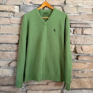 Express 100% Lambswool Sweater XL Green V-Neck Pullover Classic Knit